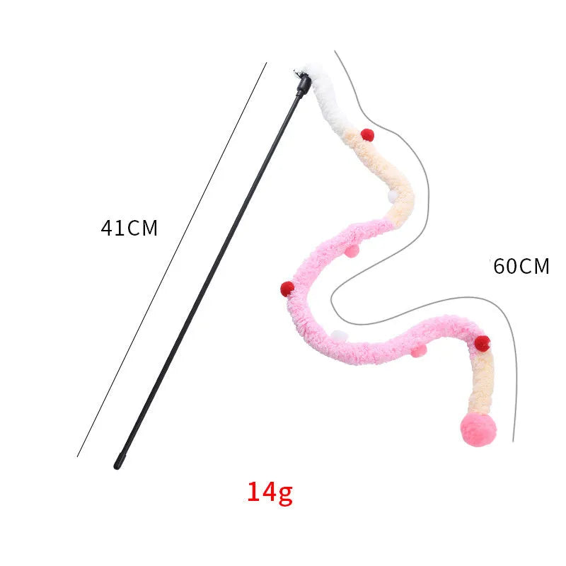 Blue interactive cat teaser wand with long plush strip, fluffy ball, and bell on a 41cm pole.
