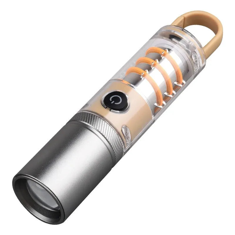 Orange and beige multifunctional flashlight with hook attachment and optical zoom lens