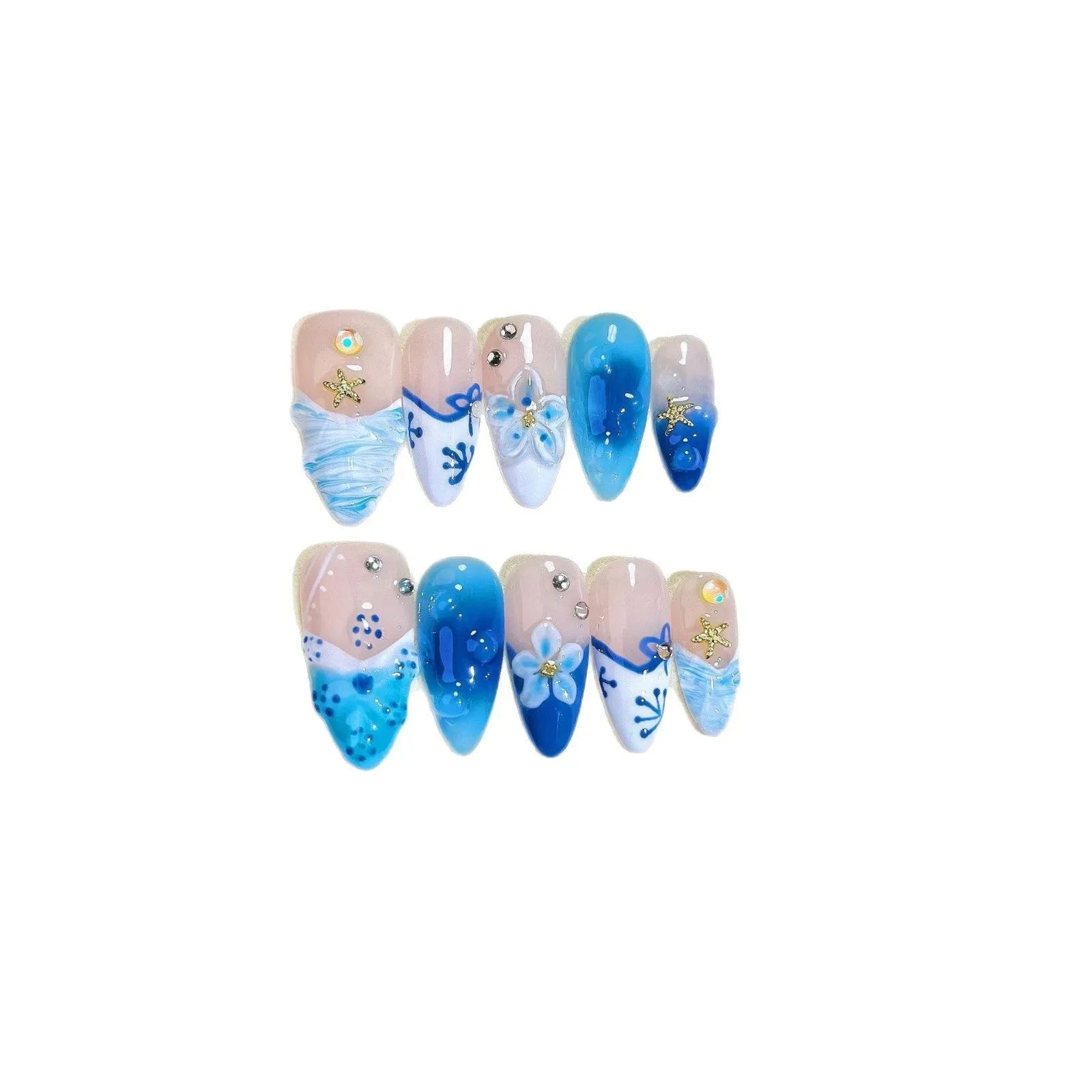 Blue hand-painted carved summer ice transparent plastic fake nails in sizes XS, S, M, L