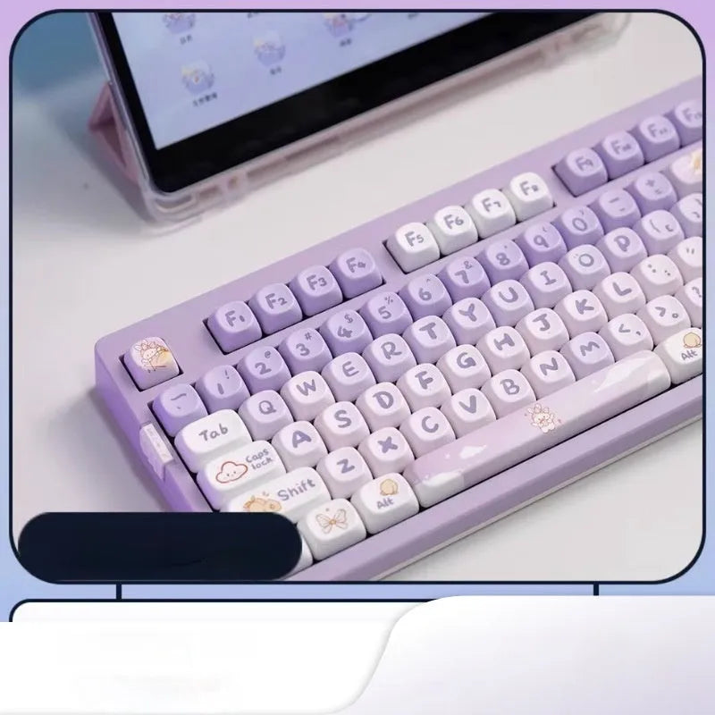 Set of purple gradient key caps with a rabbit graphic, shown on a mechanical keyboard.