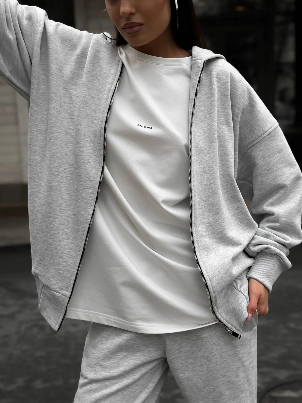 Street style long-sleeved coat and trousers two-piece set in grey colour