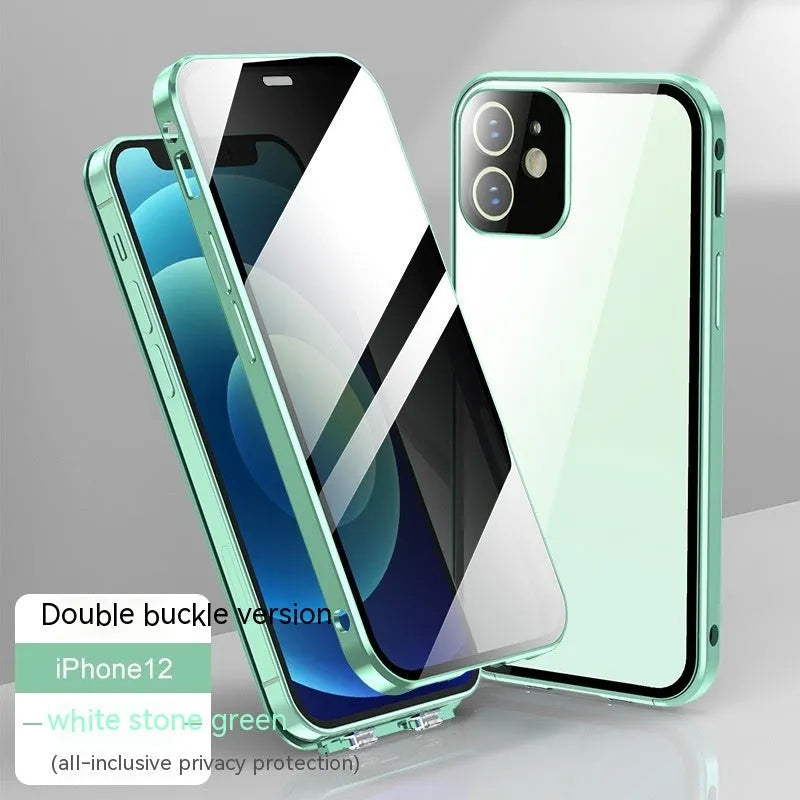 Glass privacy phone case with double-sided buckle for Apple iPhone, shown in multiple colour options.