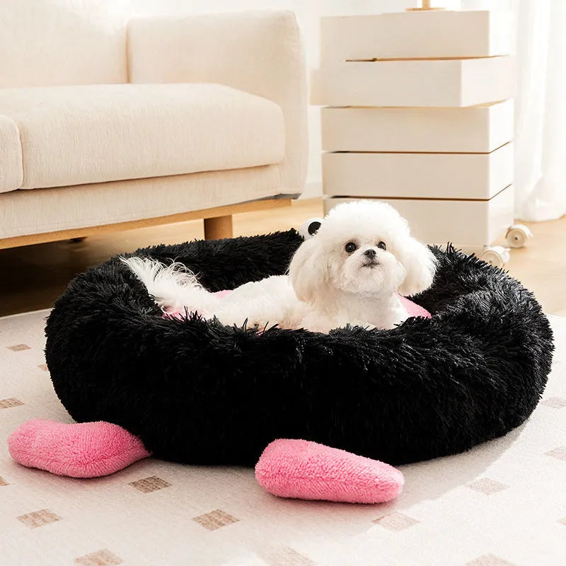 Elf Briquettes plush kennel sleeping mat in blue, pink, or yellow colours, showing raised edges and four size options