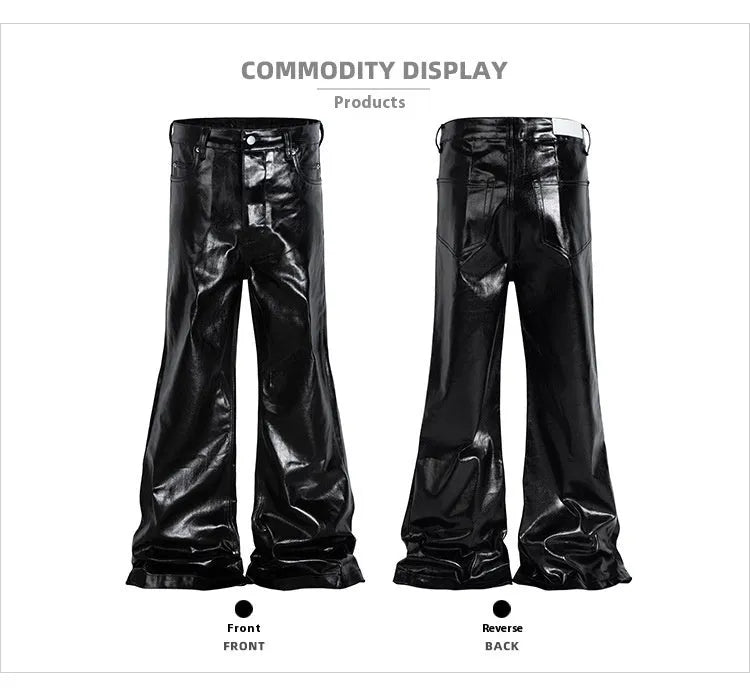 Black shiny patent leather coated skinny jeans on a denim background.