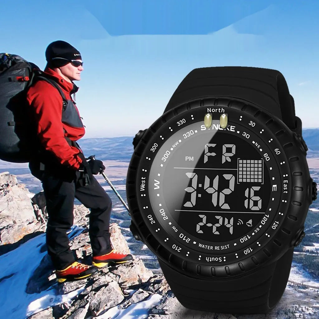 Black men's outdoor electronic watch with large dial on an adjustable PU strap.