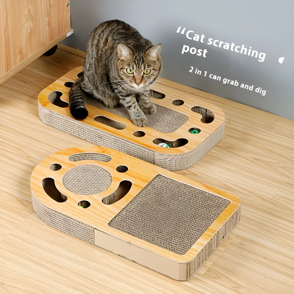 Corrugated paper cat scratch board toy with interactive ball in multiple style options
