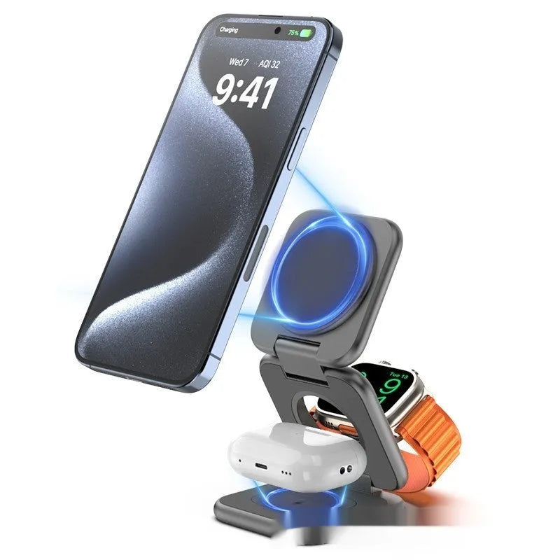 White foldable magnetic wireless phone charger holder in open position on a desk