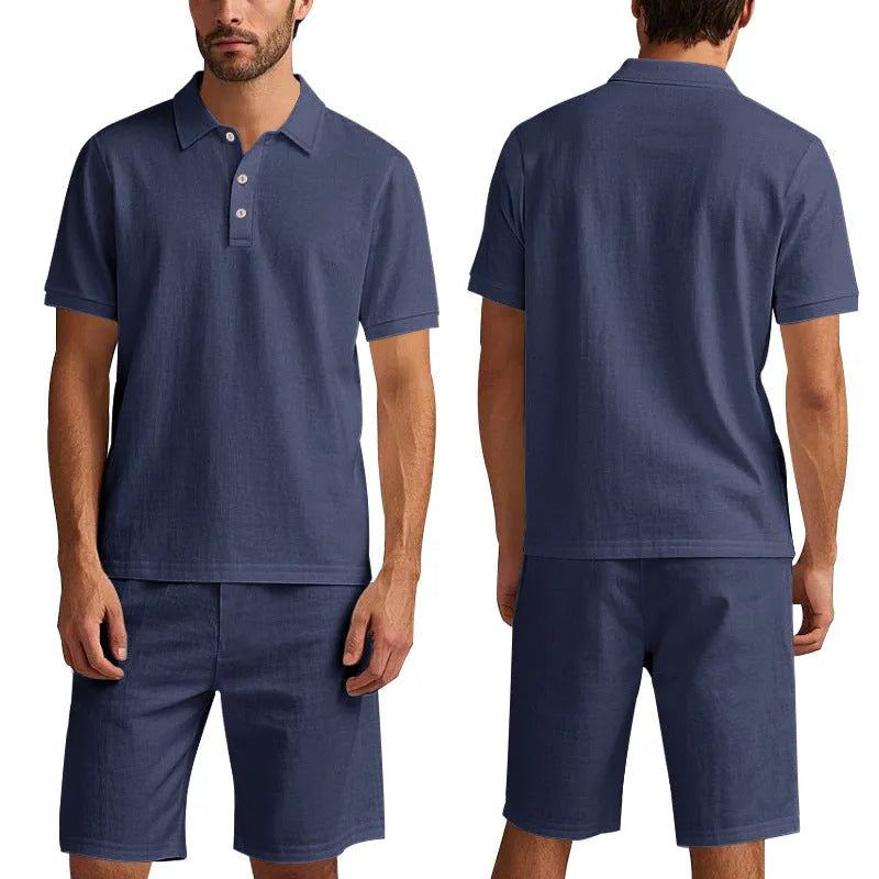 Men's linen beach shorts suit set showing short sleeve shirt and matching shorts in light blue colour