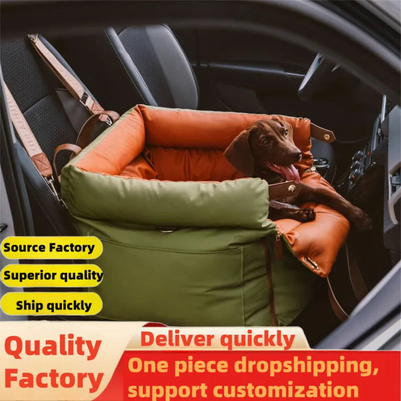 Green waterproof PU leather dog car nest with removable cover, shown on a car seat.