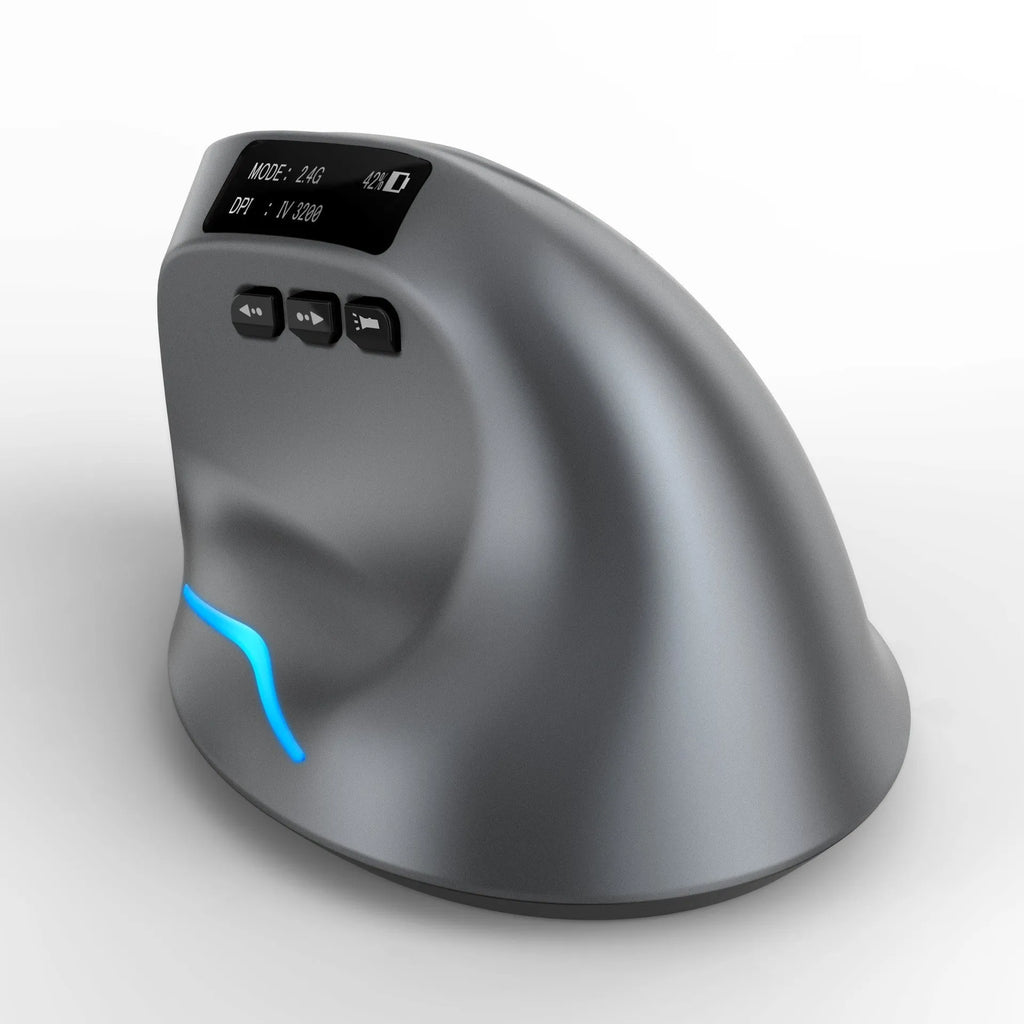 Grey vertical ergonomic wireless mouse with Bluetooth connectivity for laptop use