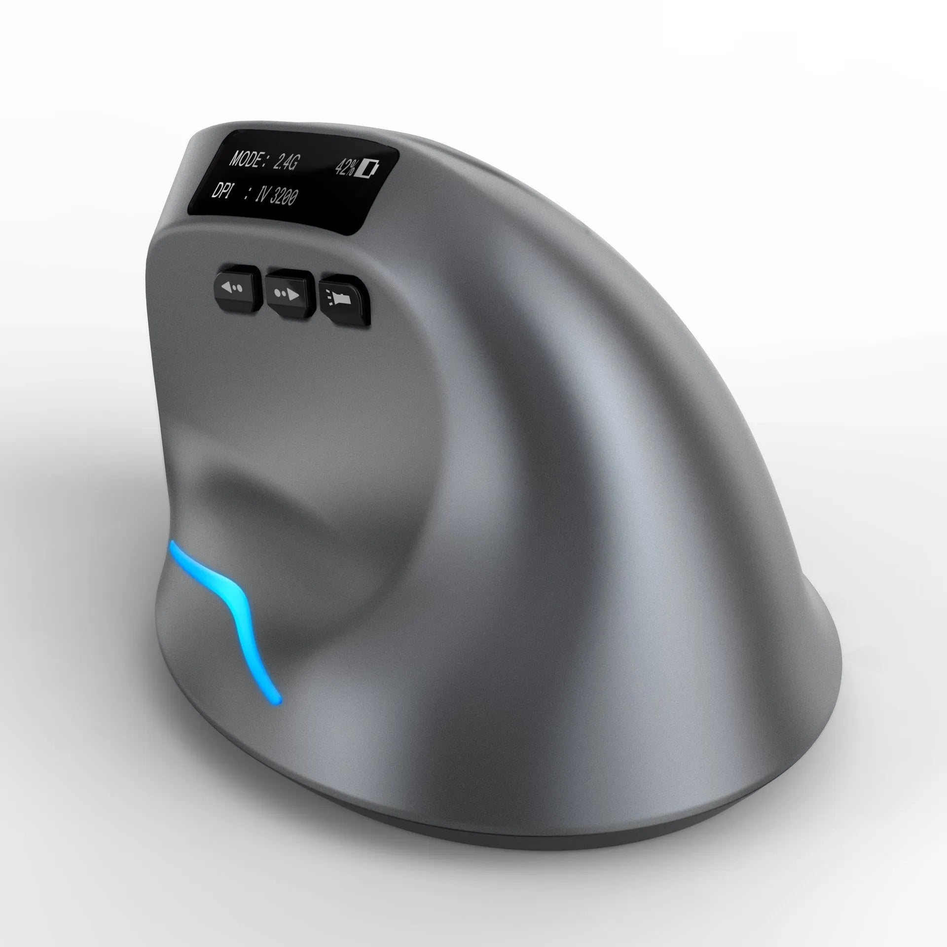Grey vertical ergonomic wireless mouse with Bluetooth connectivity for laptop use