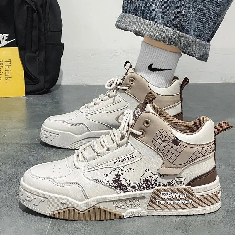 Men's beige high-top lace-up board shoes with a cloth upper and rubber sole on a white background.