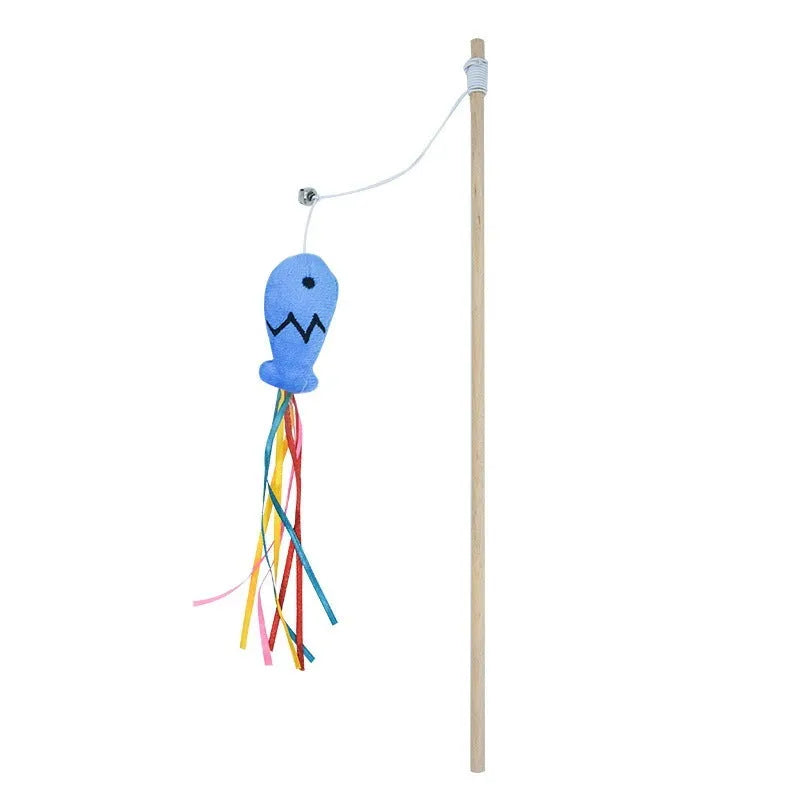 Colourful cat wand toy with ribbons, bell, and catnip fish on a wooden handle.
