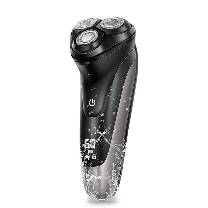 Black electric shaver with three rotating heads, pop-up sideburn trimmer, USB charging cable, and cleaning brush on a grey background.