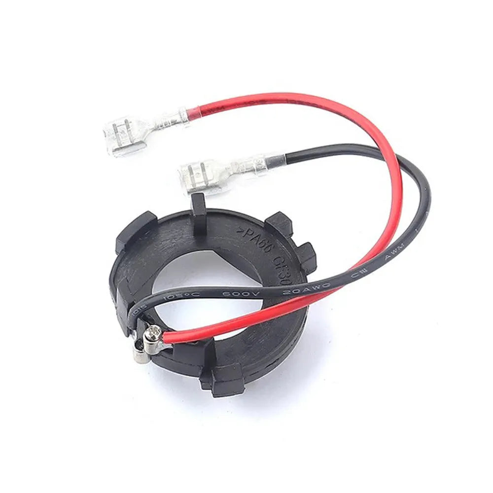 Black H7 LED headlight adapter bracket for Volkswagen vehicles with copper wire connections