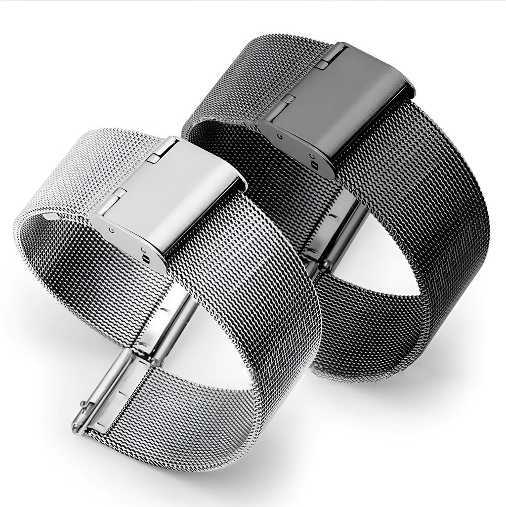 Milani silk woven stainless steel watch band in silver, showing quick-release pins and textured weave.