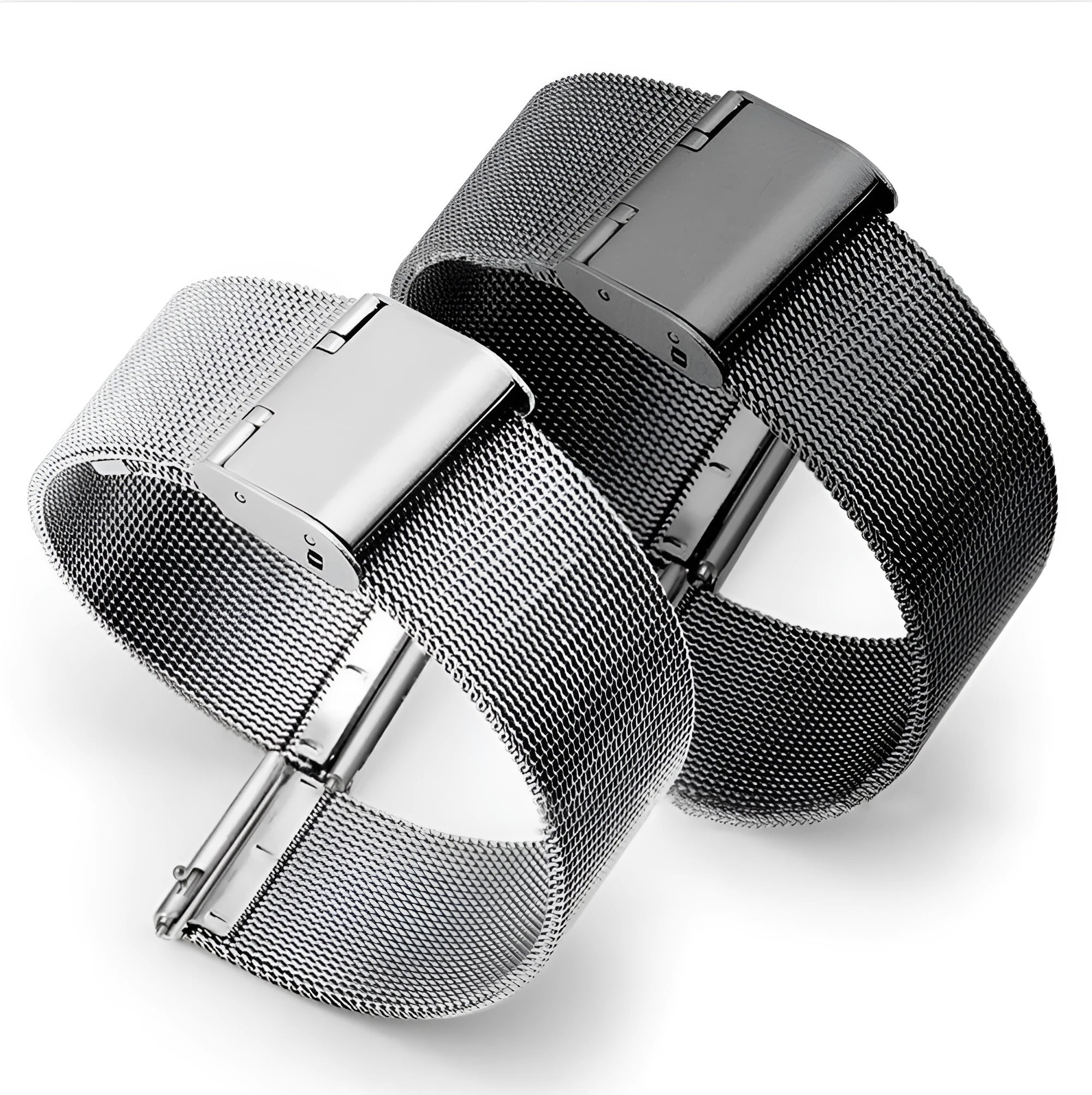 Milani silk woven stainless steel watch band in silver, showing quick-release pins and textured weave.