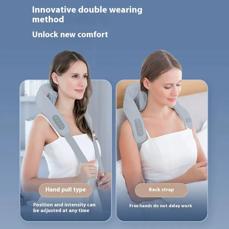 Gray USB-rechargeable neck and back massager with elastic fabric, shown with charging cable.
