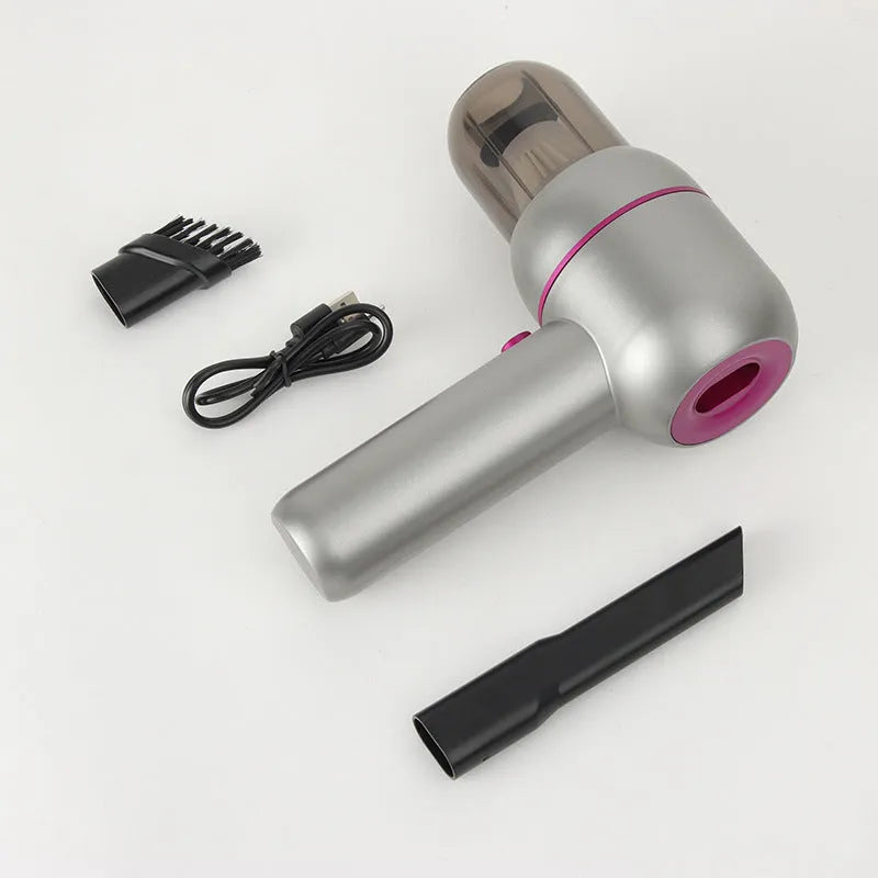 Grey handheld cordless car vacuum cleaner and inflator with brush nozzle and extended nozzle.