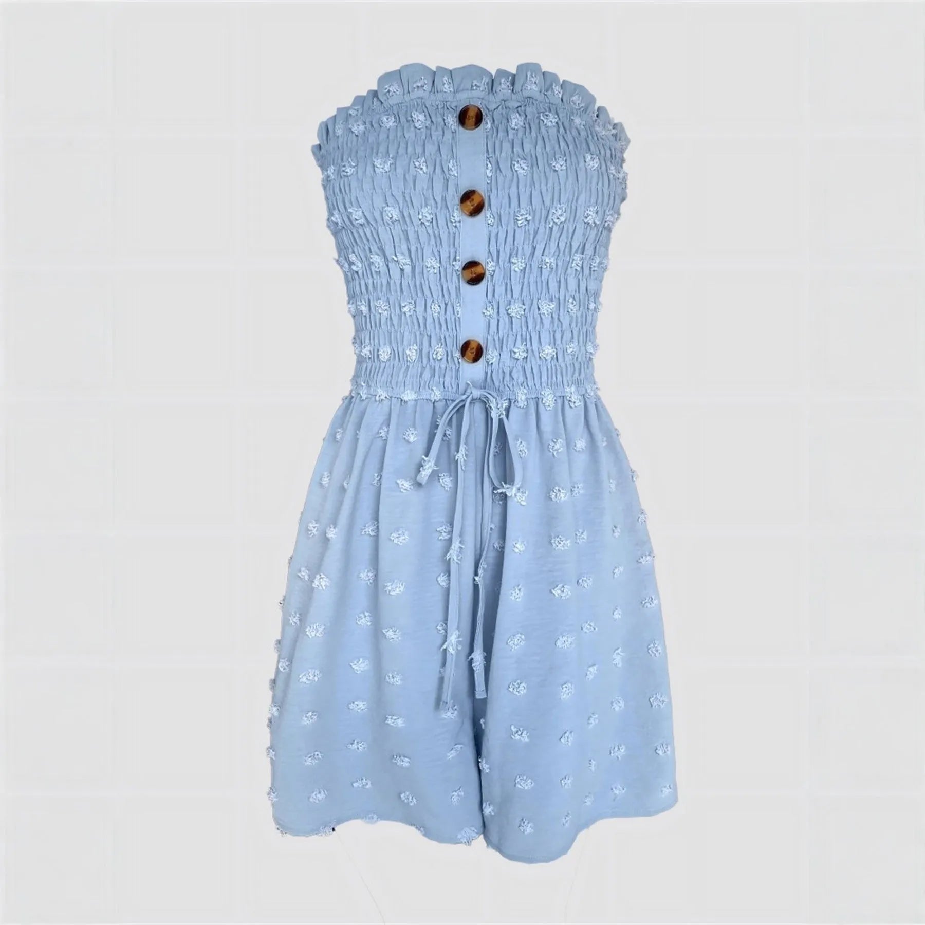 Blue off-shoulder sleeveless women's jumpsuit with button detail and cropped legs.