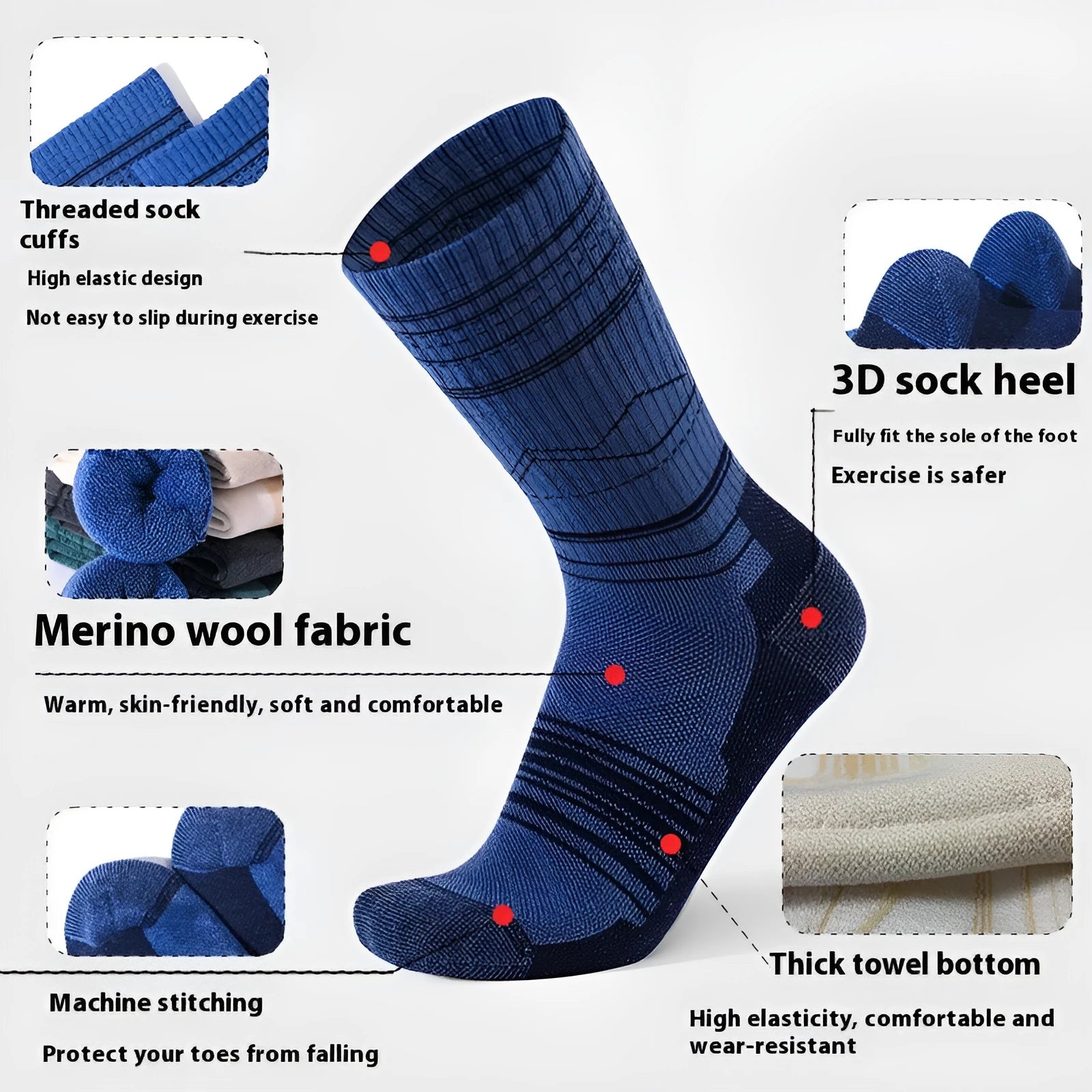 Men's and women's wool knee-high sports socks for skiing in black colour, anti-slip design