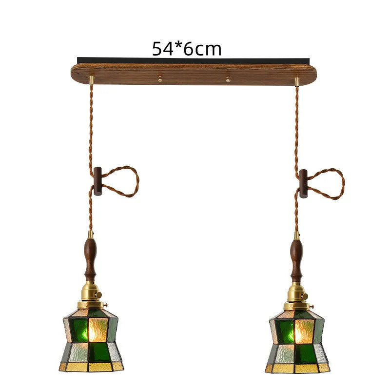 Japanese retro brass and glass chandelier with hand-blown shades and walnut ceiling plate