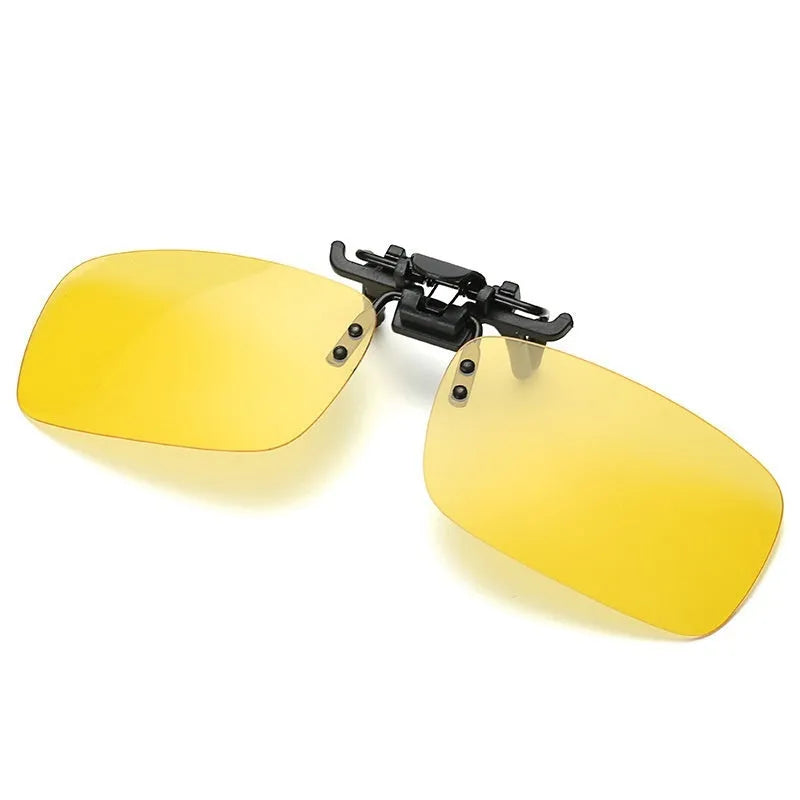 Transparent colourless resin polarised clip-on sunglasses with dual-purpose day and night modes for driving