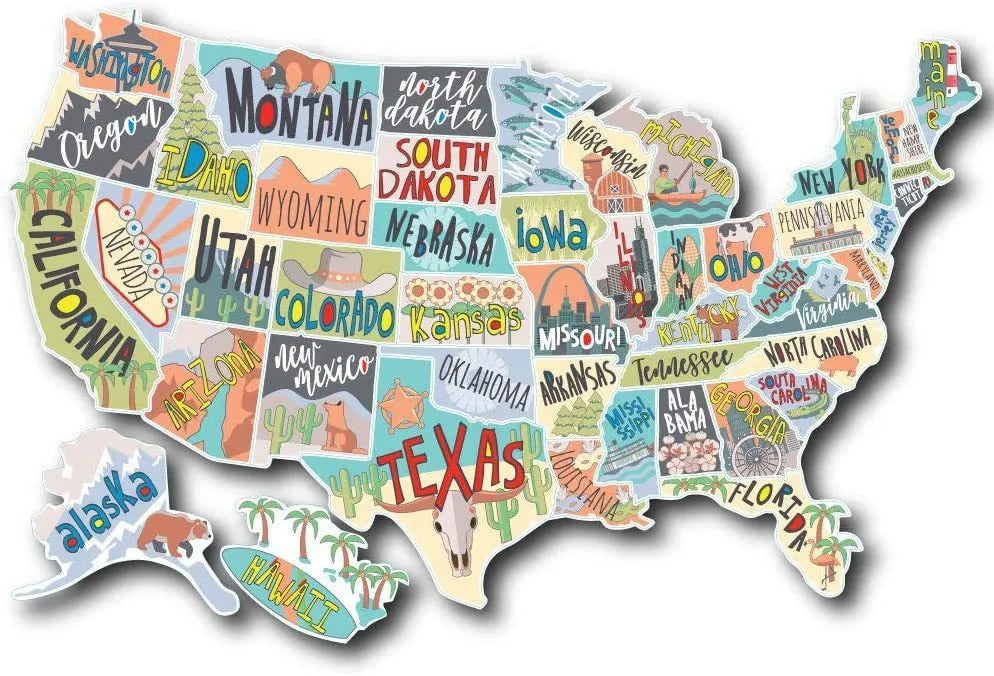 Travel-themed car sticker set with map design, letter stickers, and white background for vehicle application