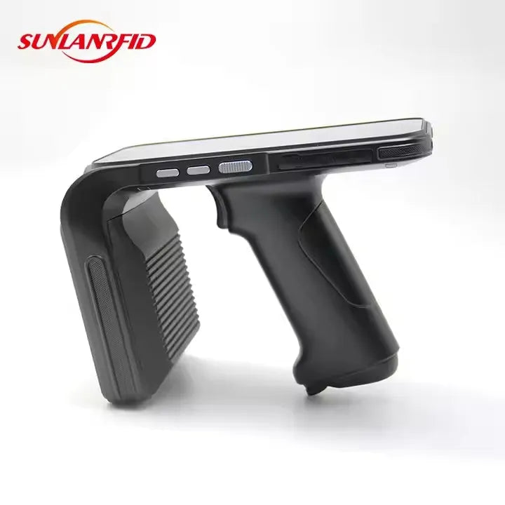 SLP-05 handheld Android UHF RFID reader and barcode scanner with removable battery.