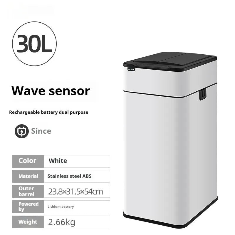 Stainless steel square inductive smart trash can with automatic sensor lid and deodorant function.