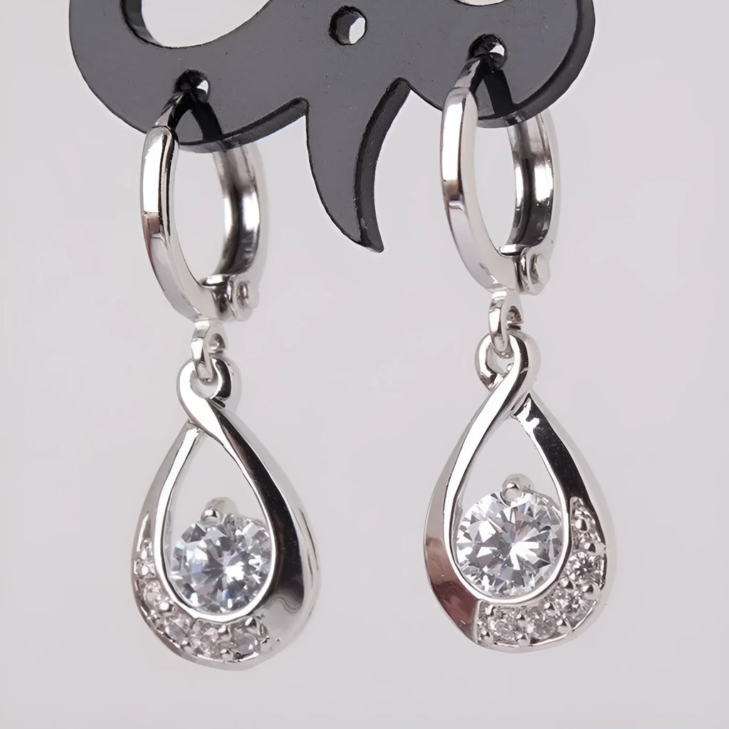 Copper water drop earrings with inlaid zircon, shown in white, yellow, red, purple, green, blue and pink