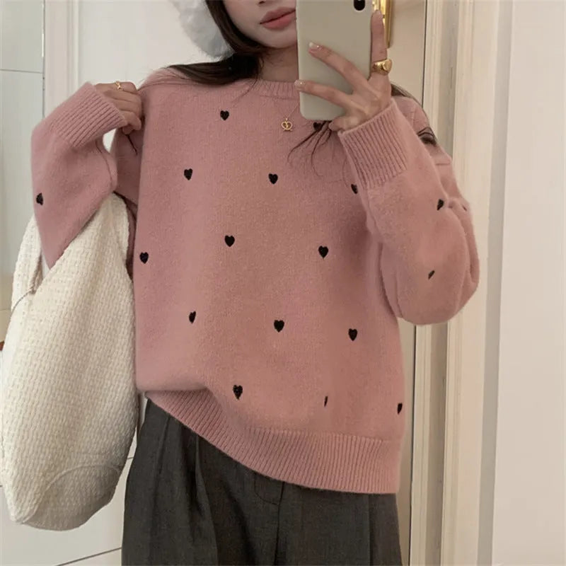 Women's loose fit acrylic pullover sweater with embroidery detail in milky white, grey, or pink.