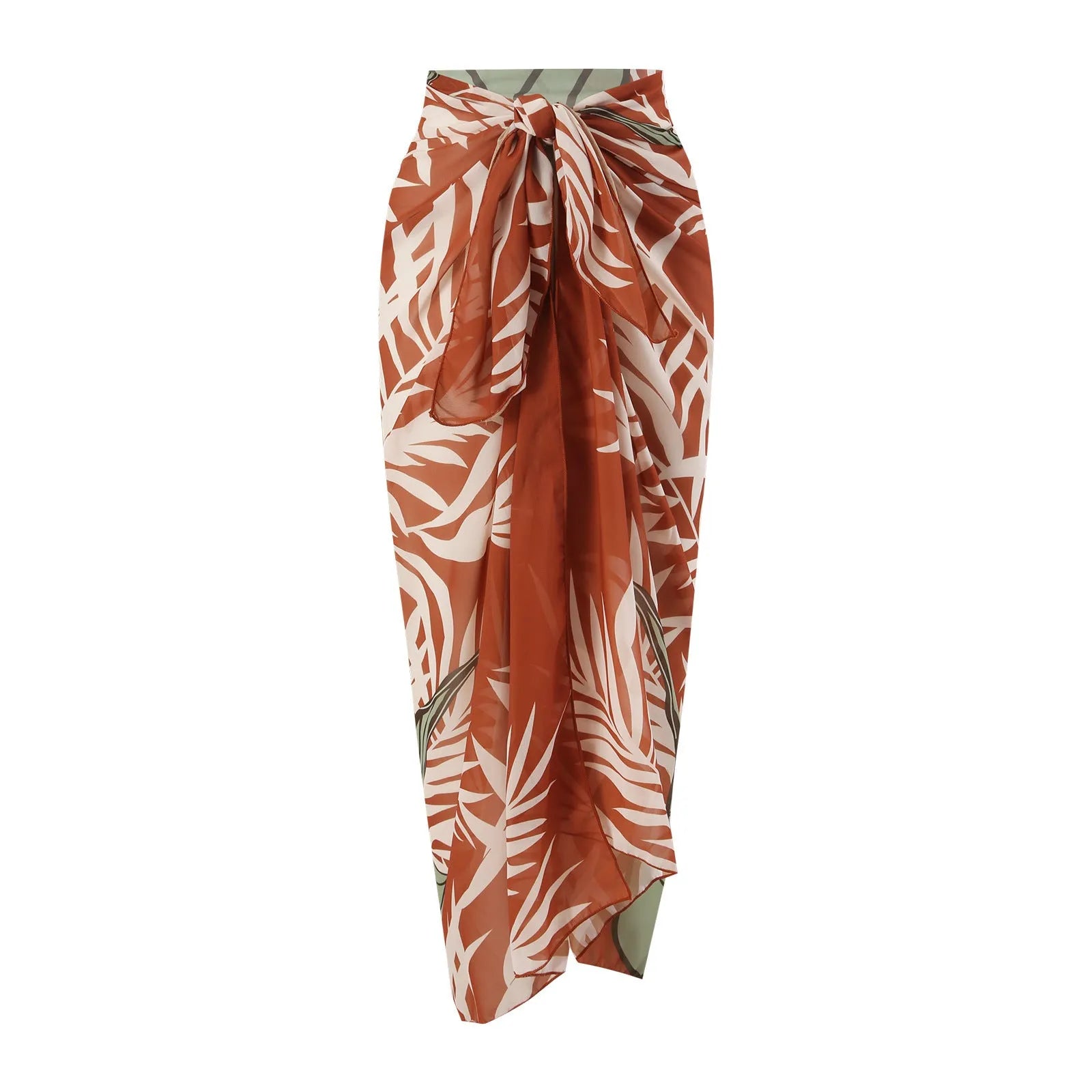 Women's brown push-up high-waist bikini with a matching chiffon skirt cover-up laid flat.