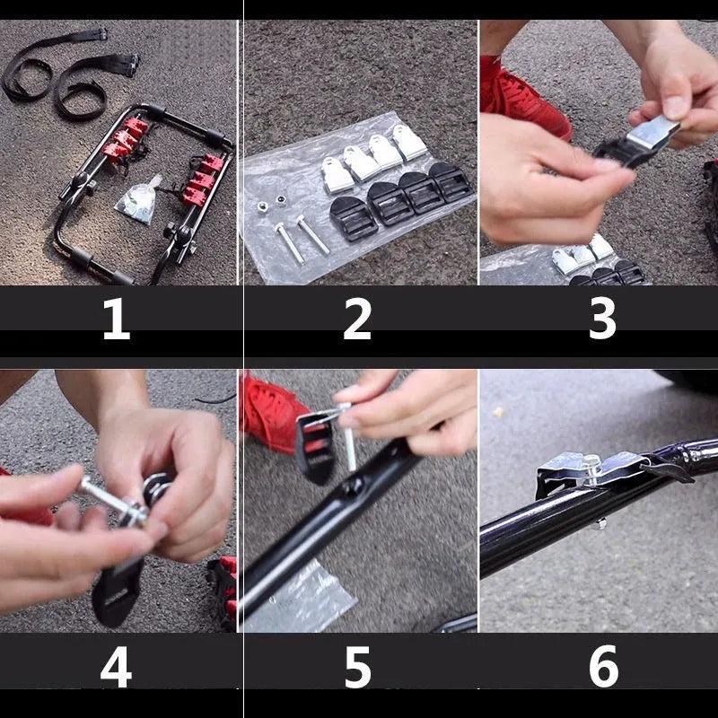 Black and red trunk mounted car bike rack with tie rope fastening, showing iron frame and sponge padding.