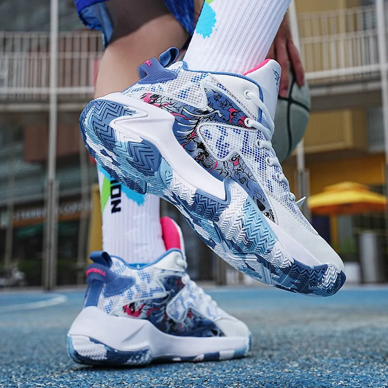 Men's high top basketball shoes in graffiti colour blocking with breathable upper and non-slip rubber outsole