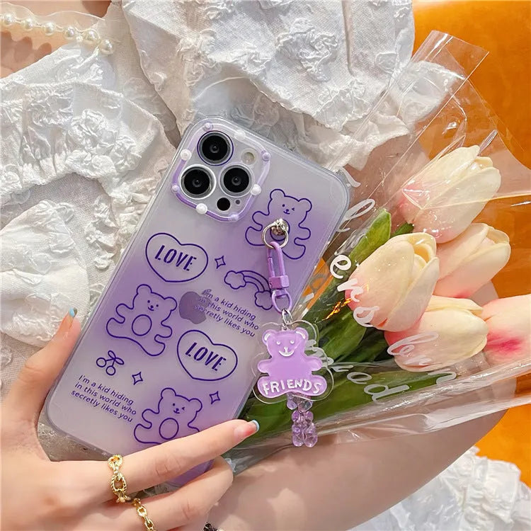 Purple clear gummy bear pendant lanyard TPU phone case for iPhone 12 Pro and iPhone 13