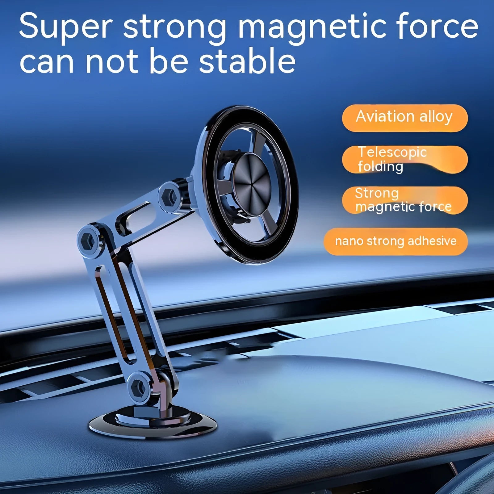 All-metal magnetic car phone holder in four metallic colours with magnetic rings and adhesive pads