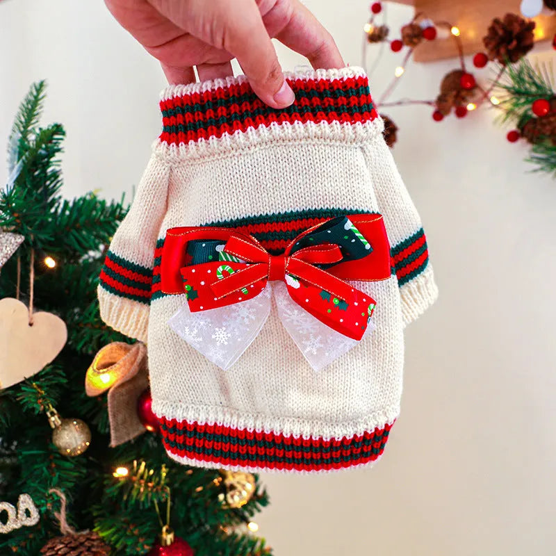 Red and green Merry Christmas print dog sweater for small to large dogs.