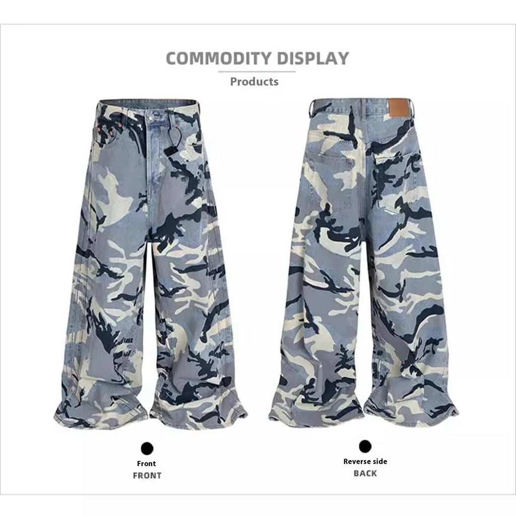 Man and woman wearing loose-fit snow camouflage blue jeans made from stretch cotton denim.