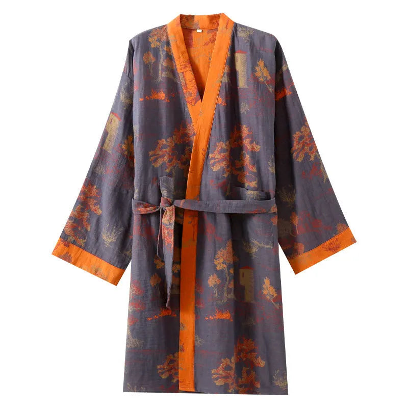 Pure cotton jacquard Chinese style belt nightgown in Gray Green for couples homewear