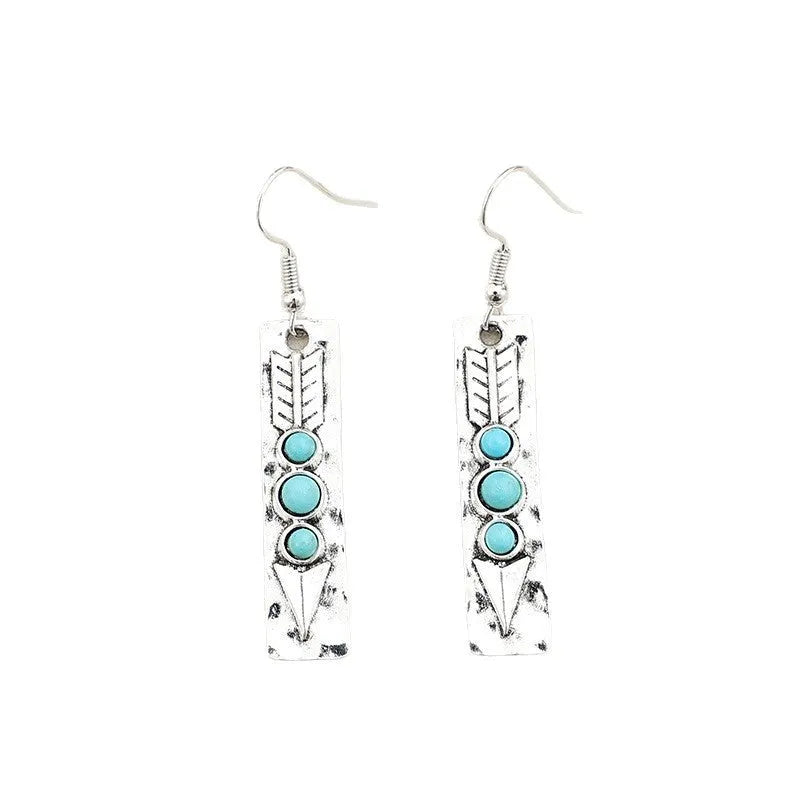Silver geometric earrings with turquoise inlay on long strip design, retro style women's jewellery