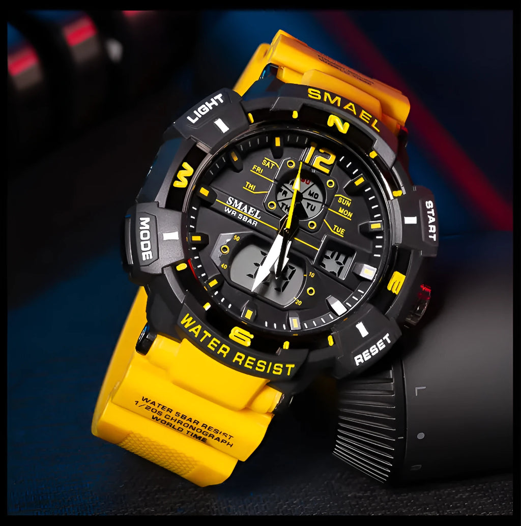 Shockproof electronic watch with round 50mm and above dial, organic glass mirror, PU strap, plastic case