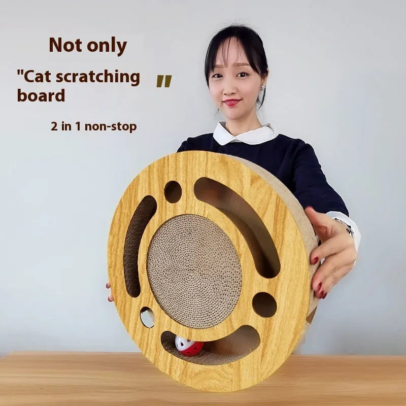 Corrugated paper cat scratch board toy with interactive ball in multiple style options