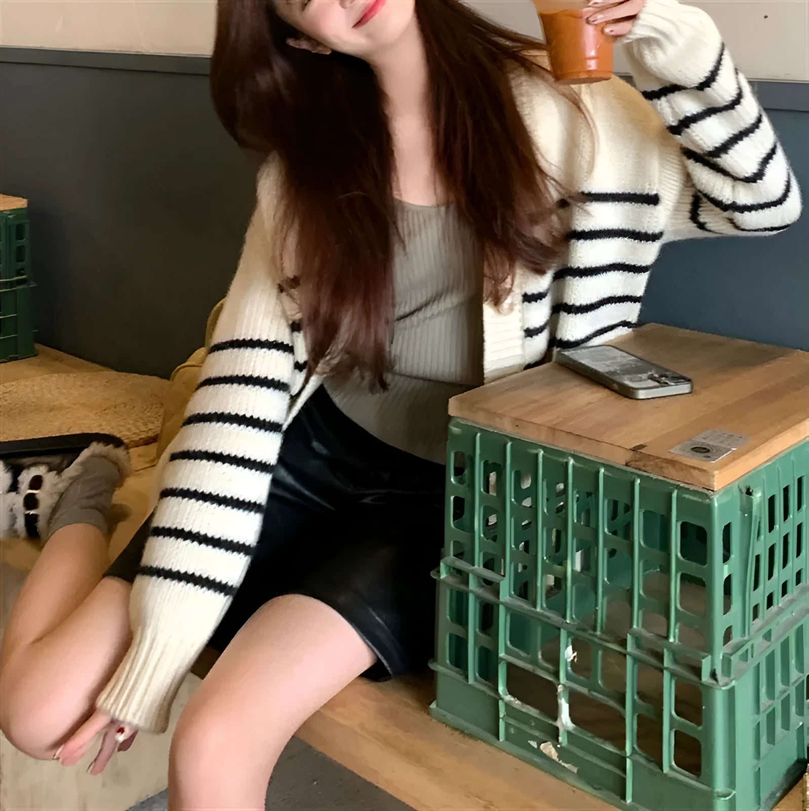 Women's collar button cardigan with 3D pattern detail in Japanese Korean casual style