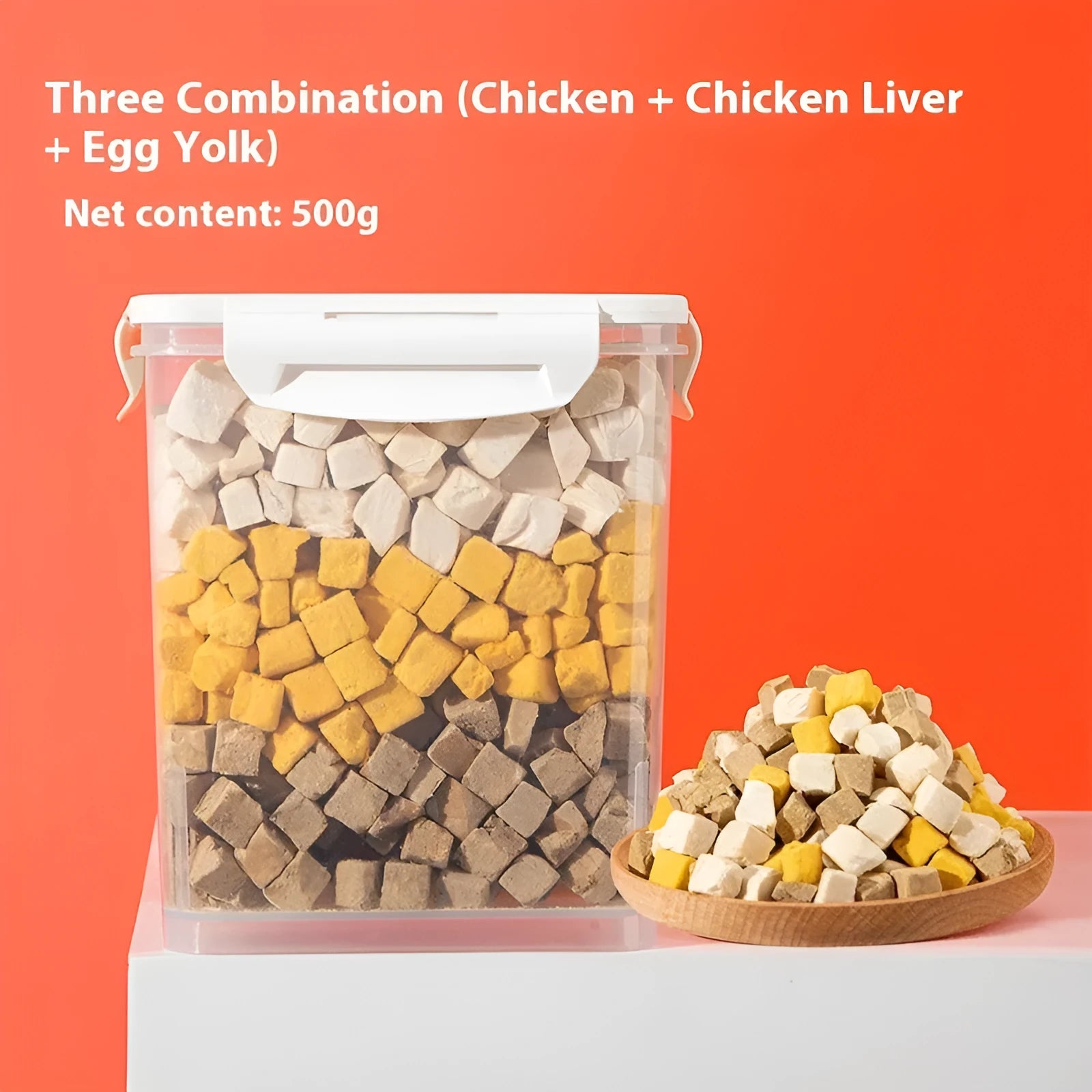 Freeze-dried dog snacks in a resealable bag, assorted chicken egg yolk and duck varieties, 500g net weight