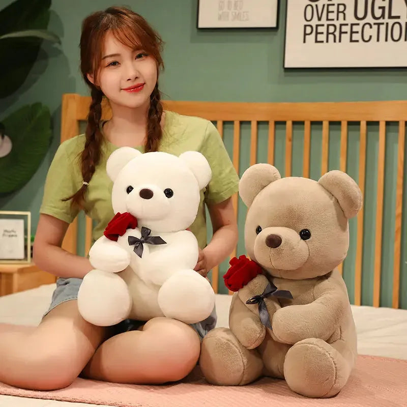 Rose bear teddy plush pillow in brown, beige, or grey with soft PP cotton filling