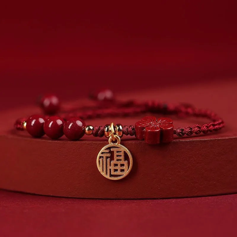 Cinnabar braided rope bracelet with round bead blessing card in wine red colour