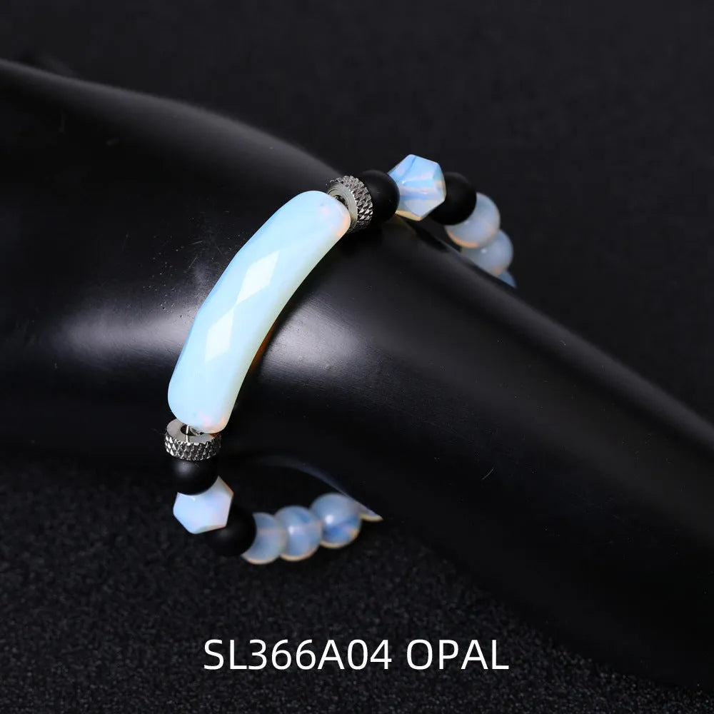 Handmade diamond-cut geometric agate bracelet with faceted beads and fan-shaped design elements