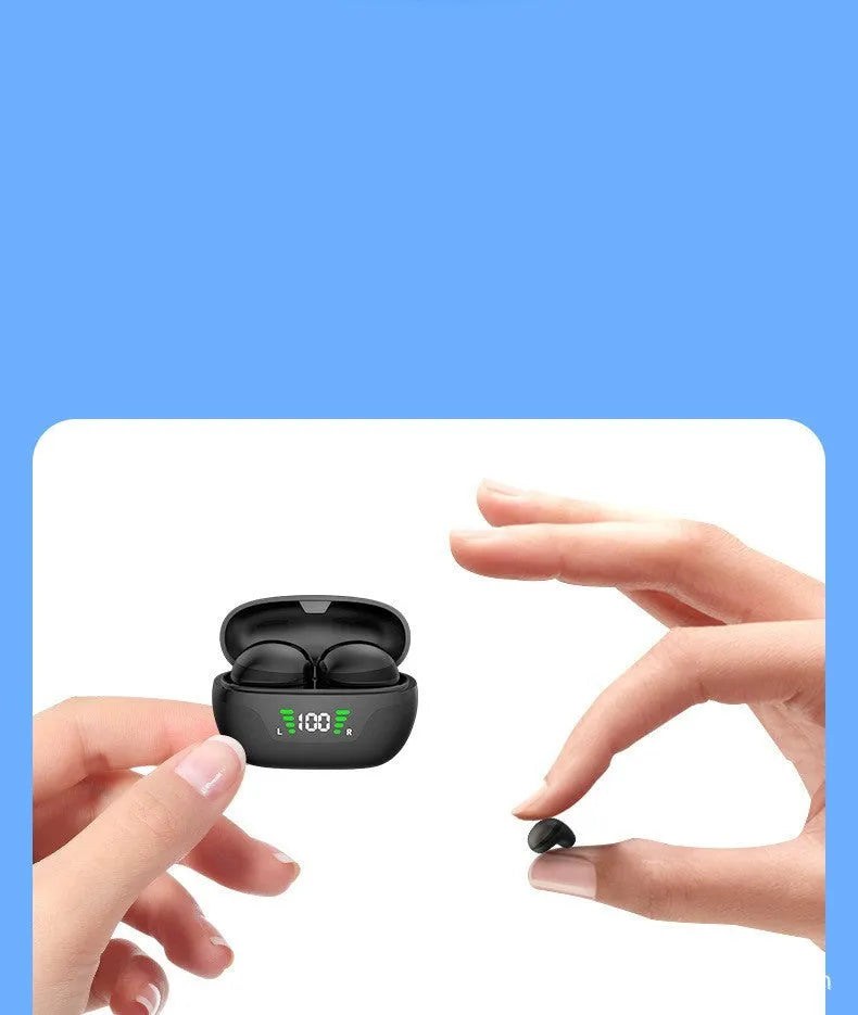 Super mini wireless Bluetooth-compatible in-ear headset in black with digital display screen and charging cable