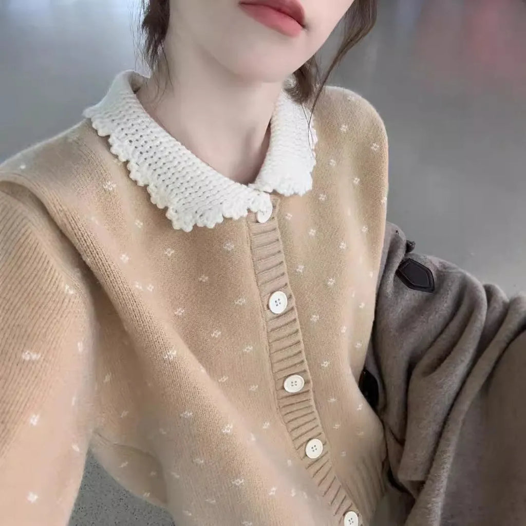Retro Peter Pan collar floral knitted cardigan coat in casual style